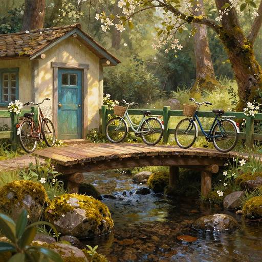 Whimsical photograph of a sunlit, rustic garden with a small, green wooden cottage, two bicycles on a wooden bridge, and a serene,