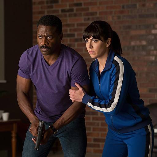 Tense duo holding gun in brick-walled room