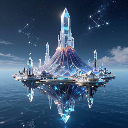 Digital artwork of a glowing, futuristic space station with crystal spires, illuminated cables, and a starry night sky reflection on calm water.