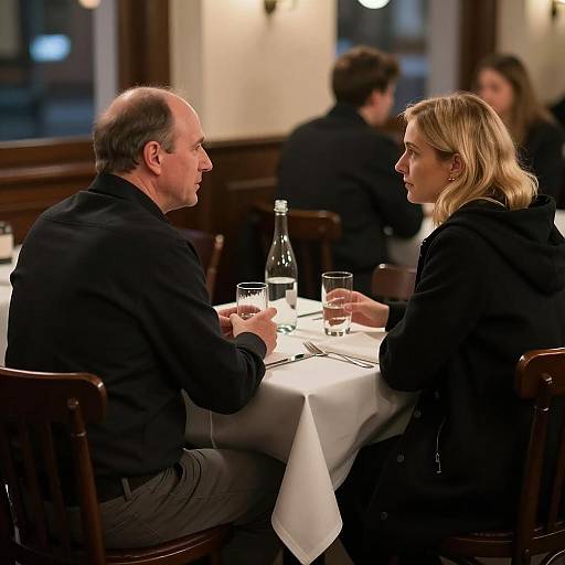 Man and Woman Talking at Restaurant Table