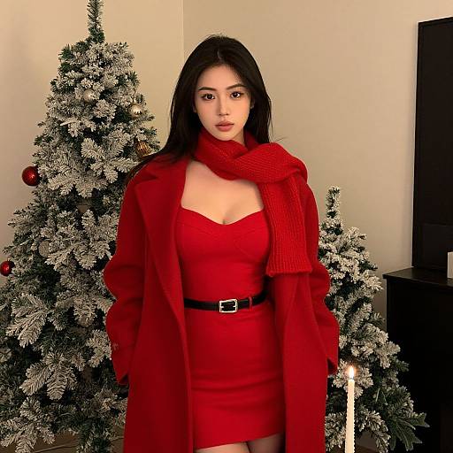 Photograph of an Asian woman with long black hair, wearing a red dress, coat, and scarf, standing in front of a snow-covered Christmas tree