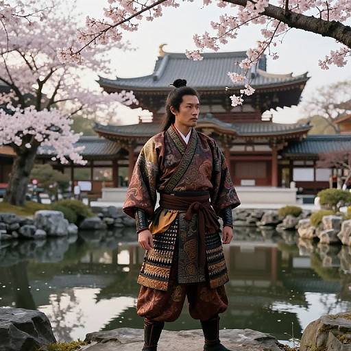 Photograph of a Japanese samurai with black hair in a topknot, wearing ornate brown kimono, standing by a pond with cherry bloss