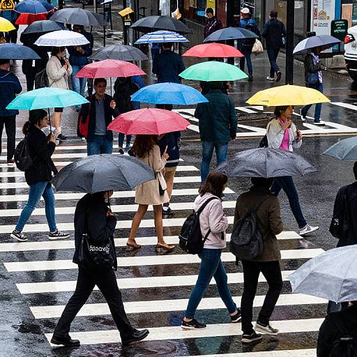 Photograph of a rainy city crosswalk with diverse pedestrians holding colorful umbrellas (red, blue, yellow, black) crossing white zebra stripes.
