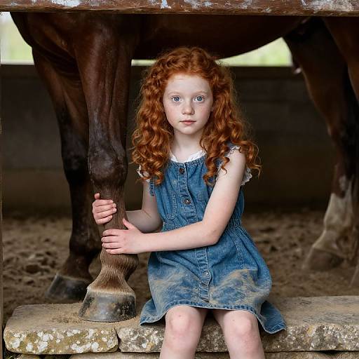 Photograph of a fair-skinned, red-haired young girl with blue eyes, wearing a denim dress, sitting under a horse, holding its leg with