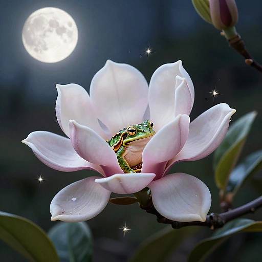 Photograph of a glowing white magnolia flower with a green frog perched on its center, illuminated by a bright full moon in a dark night sky