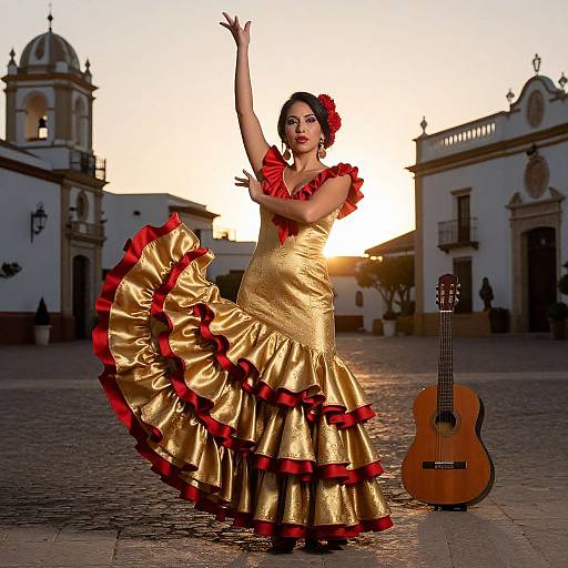 Photograph of a Latina woman in a gold and red ruffled flamenco dress, dancing in a sunlit, colonial town square with a guitar beside