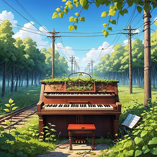 Overgrown Piano by Railway Tracks in Forest