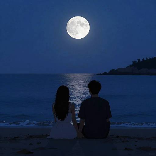 Photograph of a silhouetted couple sitting on a moonlit beach, gazing at a bright full moon over the calm ocean.