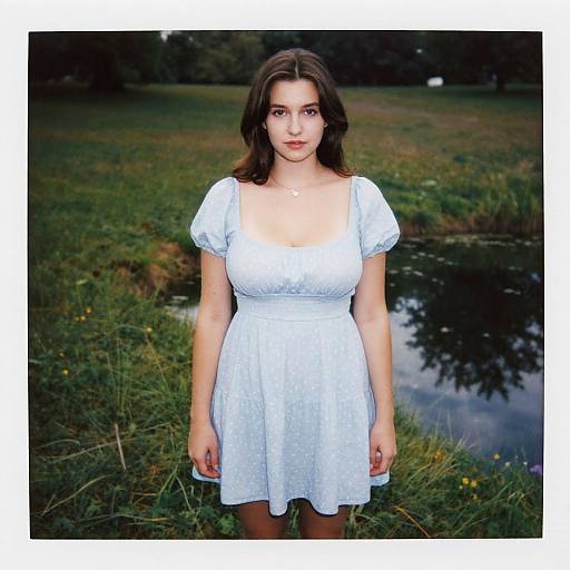 Photograph of a young woman with fair skin and dark brown hair, wearing a white, short-sleeved, polka-dotted dress, standing