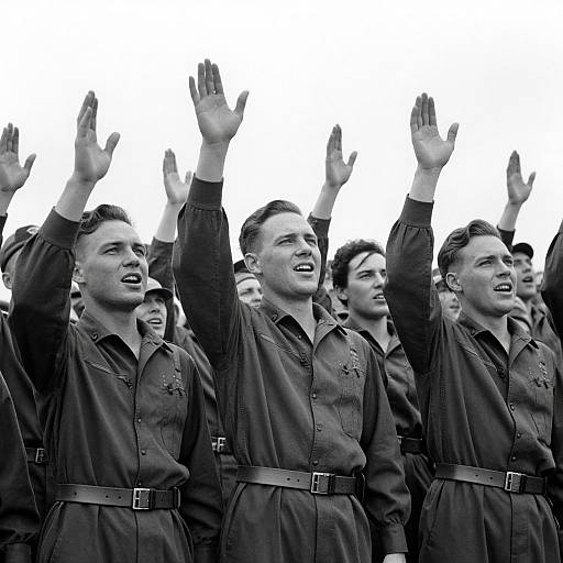Black-and-white photograph of six smiling male soldiers in uniform, raising their hands in unison, standing closely together against a white background.