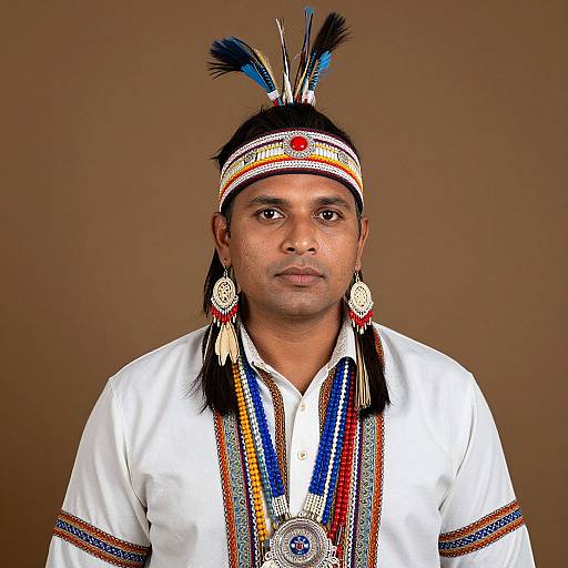 Photograph of a South Asian man with medium brown skin, wearing traditional tribal attire, including a feathered headband, colorful bead necklace, and white