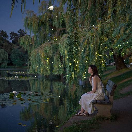 Photograph of a woman in a white dress, sitting on a bench by a moonlit pond, surrounded by hanging fairy lights and weeping willow