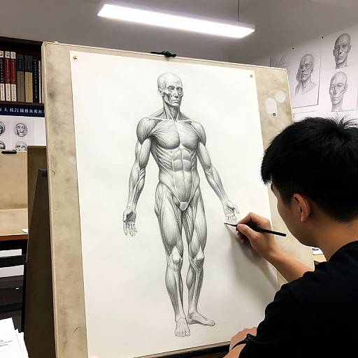 Photograph of an Asian artist drawing a detailed, black-and-white, anatomical male figure on a canvas in an art studio.