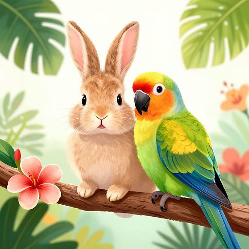 Digital illustration of a cute, fluffy bunny and a colorful parrot perched on a branch with tropical leaves and flowers.