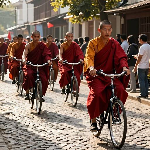 Photograph of Buddhist monks in red and orange robes riding bicycles down a sunlit, cobblestone street, with other people in the background.