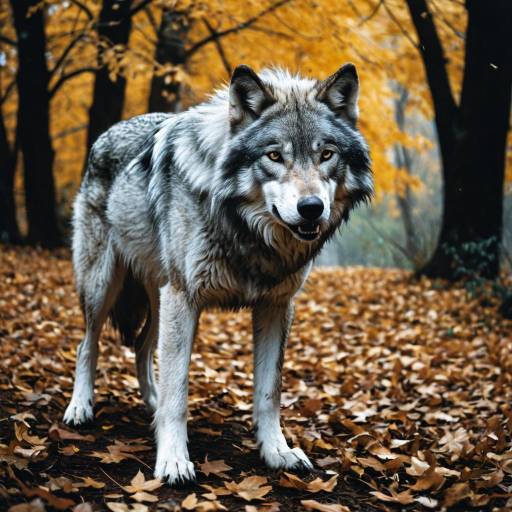 Wolf Standing Among Autumn Leaves