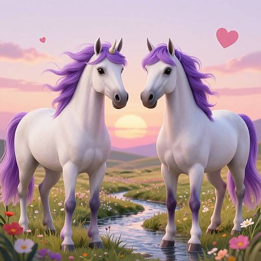 Digital artwork of two white horses with purple manes and tails, standing by a stream at sunset, surrounded by flowers, with pink hearts above them.