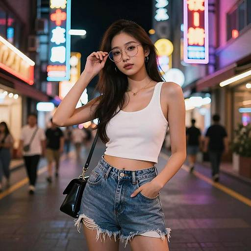 Asian Girl with Glasses Neon Street
