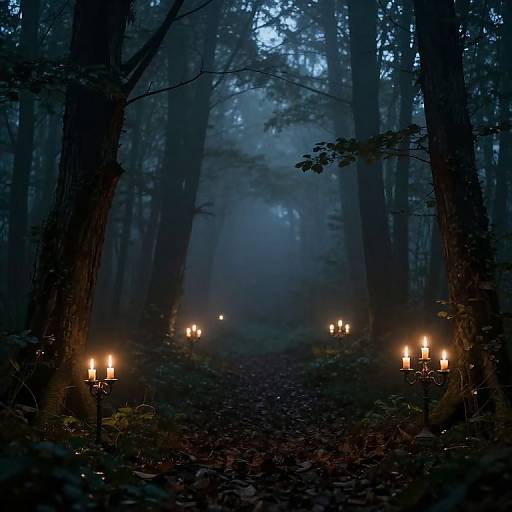 Photograph of a misty, dark forest path lined with lit candelabras, creating a mysterious, ethereal ambiance with blue twilight lighting.