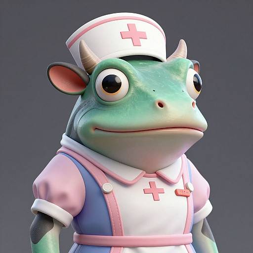 CGI cartoon of a green frog dressed as a nurse with a white hat and blue uniform, featuring red crosses. Frog has large, expressive eyes and