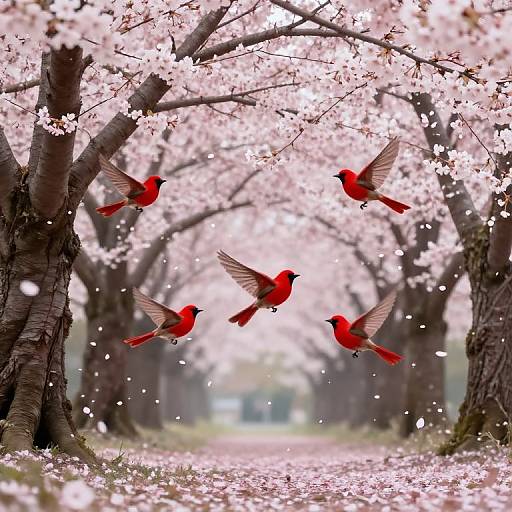 Photograph of vibrant red birds in mid-flight amidst a blossoming cherry tree tunnel, with pink petals gently falling.