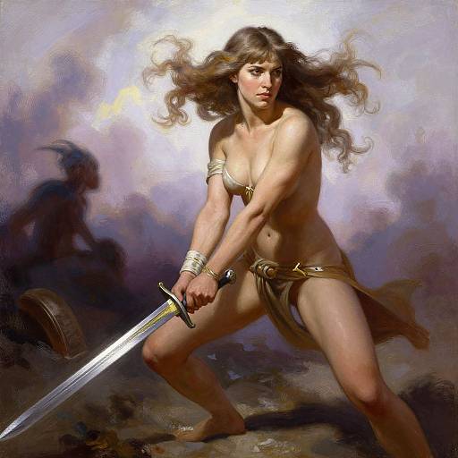 Digital painting of a fierce, topless, long-haired warrior woman with bronze armlets and loincloth, holding a sword, against a dramatic,