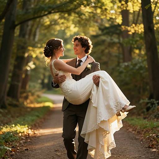 Romantic Bridal Carry in Sunlit Forest