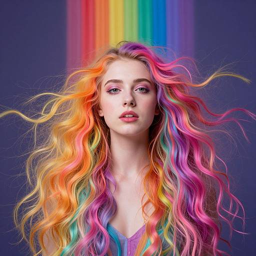 Photograph of a fair-skinned woman with long, wavy, rainbow-colored hair against a dark blue background, featuring a vibrant rainbow light beam behind