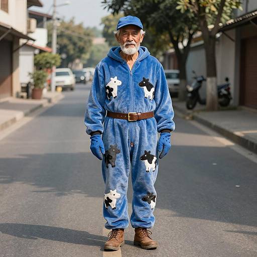 Photograph of elderly white man with white beard, wearing blue onesie with black-and-white paint splatters, blue cap, gloves, brown belt,