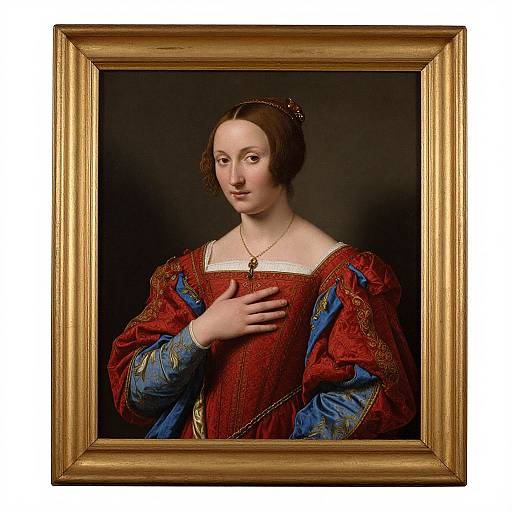 Renaissance-style portrait of a pale-skinned woman with brown hair, wearing a red and blue embroidered gown, gold necklace, and gentle expression,