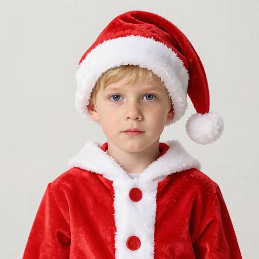 Photograph of a young boy with light blue eyes, wearing a red velvet Santa hat and matching red velvet coat with white trim and red buttons, against