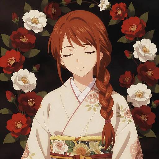 Serene Anime Woman in Floral Kimono