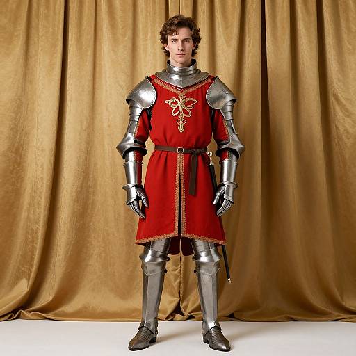 Photograph of a young man with curly brown hair, wearing medieval silver armor and red velvet tunic with gold embroidery, standing against gold draped fabric background