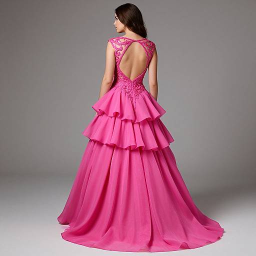 Photograph of a woman with long black hair, wearing a vibrant pink, multi-tiered evening gown with lace back, standing against a gray background.