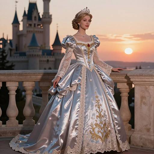 Photorealistic CGI of a fair-skinned princess with blonde curls, wearing a silver satin gown with gold embroidery, tiara, standing on a castle