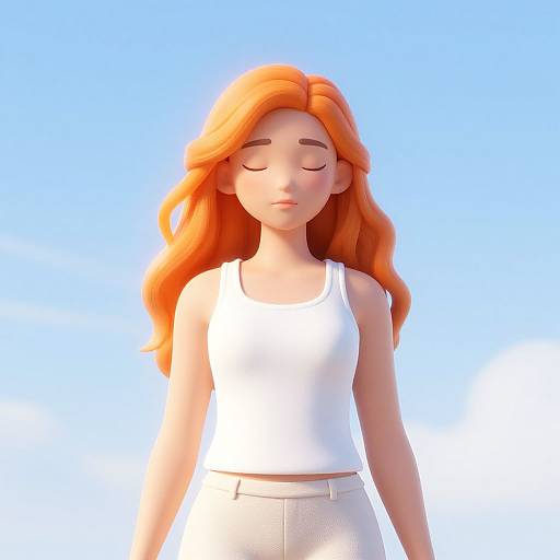CGI image of a serene, red-haired woman with closed eyes, wearing a white tank top and light gray pants, against a clear blue sky.