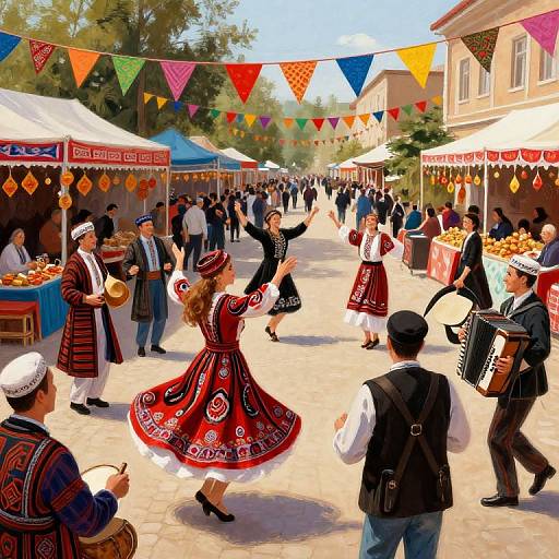 Vibrant outdoor festival scene: dancers in colorful traditional Balkan dresses, men in vests and hats, accordion player, market stalls, festive bunting