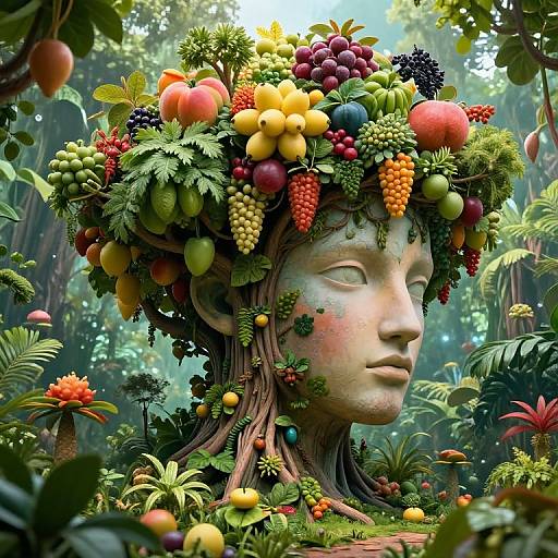 Digital art: Fantasy sculpture of a serene face with a colorful fruit and leaf crown, surrounded by lush, enchanted forest.