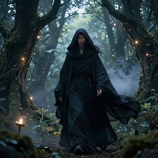 Mysterious hooded figure in dark cloak walks through enchanted, foggy forest with glowing fireflies, surrounded by towering trees. Digital fantasy artwork.