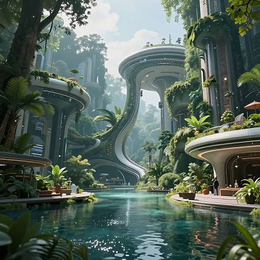 Digital art of a futuristic, lush, jungle-like city with winding, cylindrical skyscrapers, a serene blue waterway, and abundant greenery.