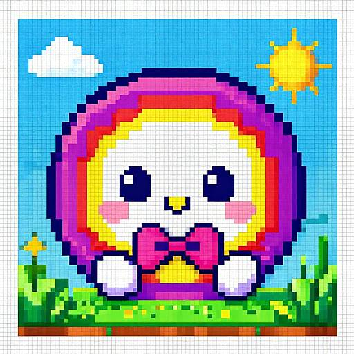 Pixel art of a cute, white, round character with a purple and pink hat, smiling with a pink bow, set against a bright blue sky with