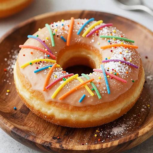 Photograph of a colorful, chocolate-glazed donut with multicolored sprinkles and powdered sugar, on a rustic wooden round plate.