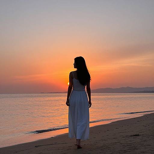 Silhouette of a woman in a white dress standing on a beach at sunset, with a vibrant orange and purple sky.