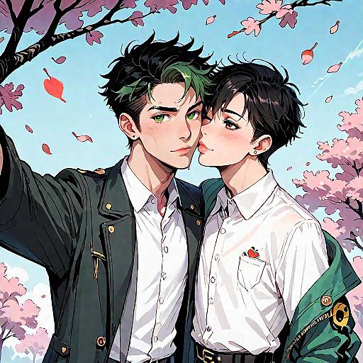 Anime Boys Selfie with Falling Leaves