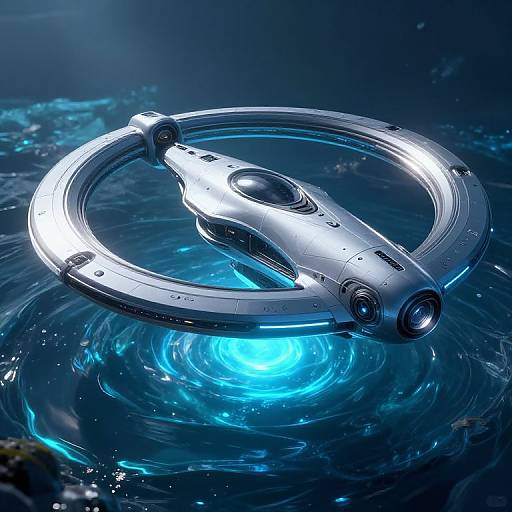 Photorealistic CGI of a futuristic, silver, ring-shaped spaceship hovering above a glowing blue energy vortex in a dark, watery environment.