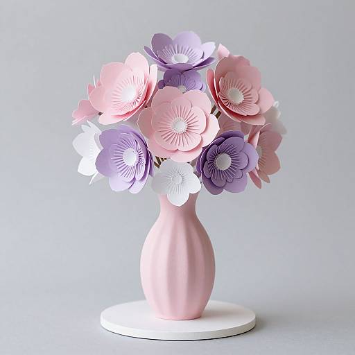 Photograph of a pink, textured vase holding pastel pink, purple, and white paper flowers against a light gray background.