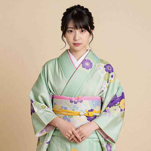 Photograph of an Asian woman with fair skin, black hair in a bun, wearing a light green floral kimono with purple, yellow, and white