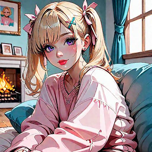 Digital anime-style drawing of a blonde girl with pink bows, blue eyes, and red lipstick, sitting on a blue couch in a cozy room with a