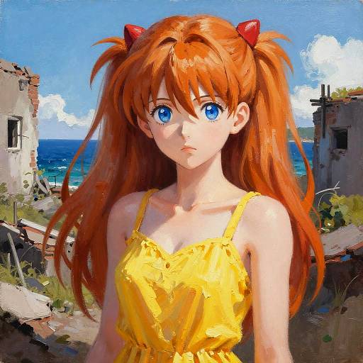Digital painting of Asuka Langley Soryu from Evangelion, with bright blue eyes, orange twin-tails, wearing a yellow dress, against
