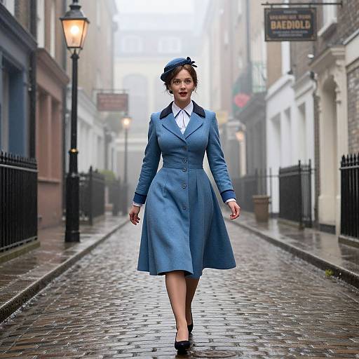 Photograph of a smiling woman in a blue 1940s-style dress and hat walking on a wet, cobblestone alley with street lamps and